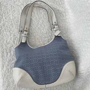 Coach Shoulder Bag, Blue Monogram with White Leather Detail